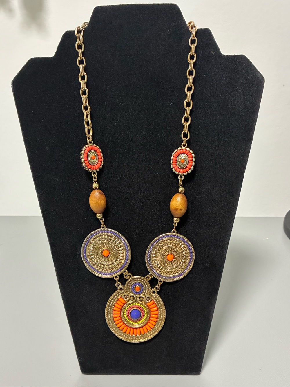 Boho Orange and Purple Pendant Statement Necklace